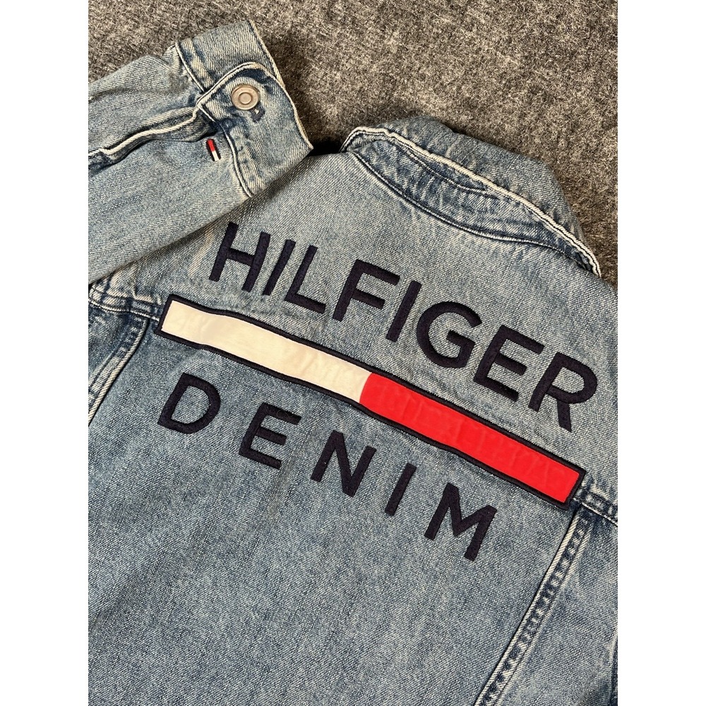 Vintage Tommy Hilfiger Trucker Jacket women Large spell out Biker Grunge Y2K